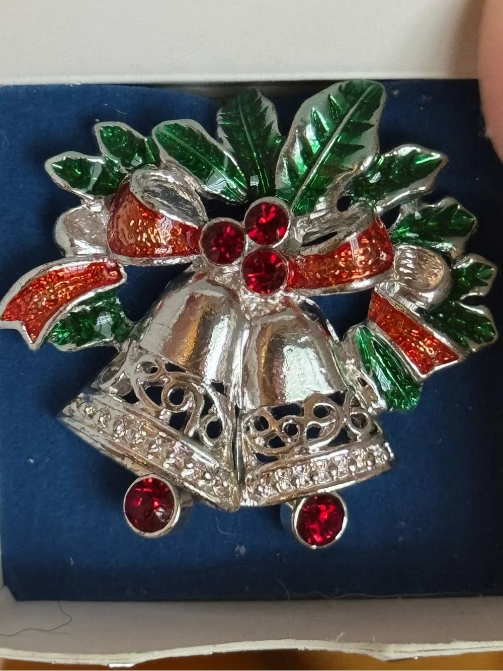 Festive Silver Bell Brooch with Red Rhinestones and Green Leaves Avon